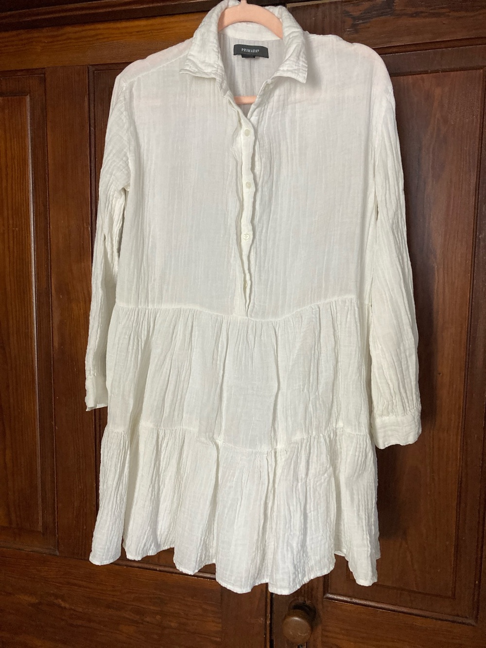 Primark White Tiered Button-Down Long Sleeve Gauze Cotton Casual Dress Size 8
